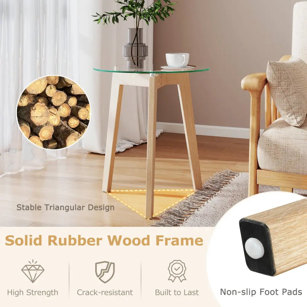Tempered Glass End Table Round with Solid Rubber Wood Structure-1 Piece - Natural - End & Side Tables