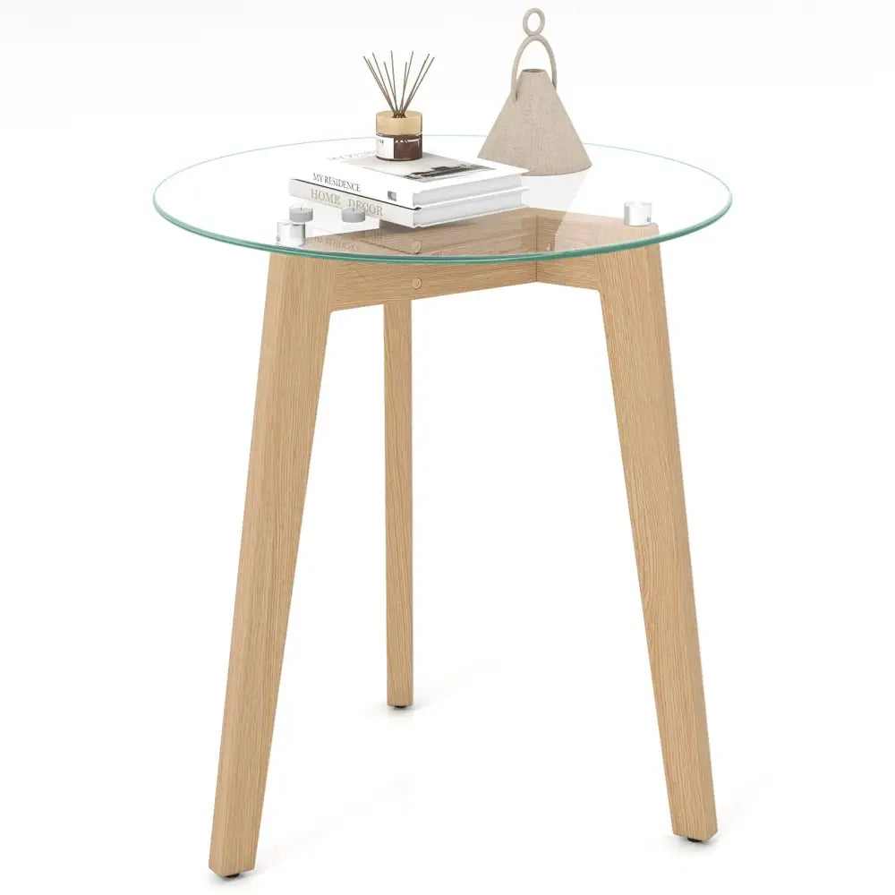 Tempered Glass End Table Round with Solid Rubber Wood Structure-1 Piece - Natural - End & Side Tables