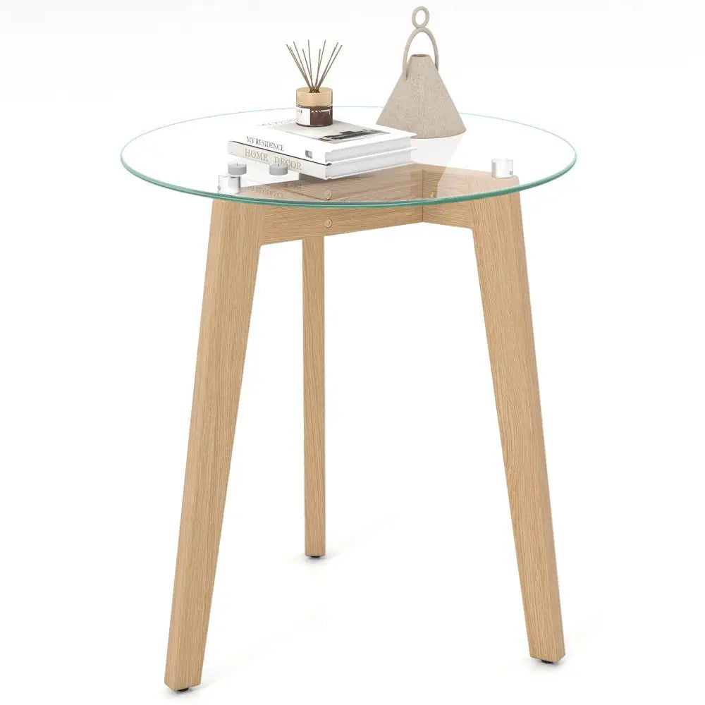 Tempered Glass End Table Round with Solid Rubber Wood Structure-1 Piece - Natural - End & Side Tables