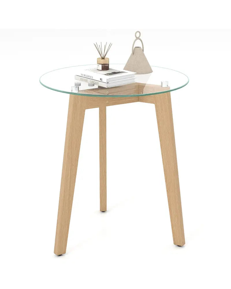 Tempered Glass End Table Round with Solid Rubber Wood Structure-1 Piece - Natural - End & Side Tables