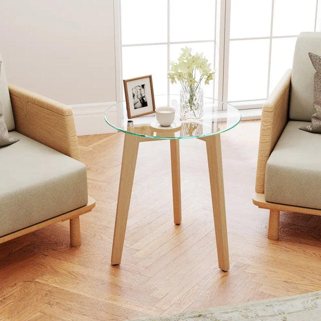 Tempered Glass End Table Round with Solid Rubber Wood Structure-1 Piece - Natural - End & Side Tables
