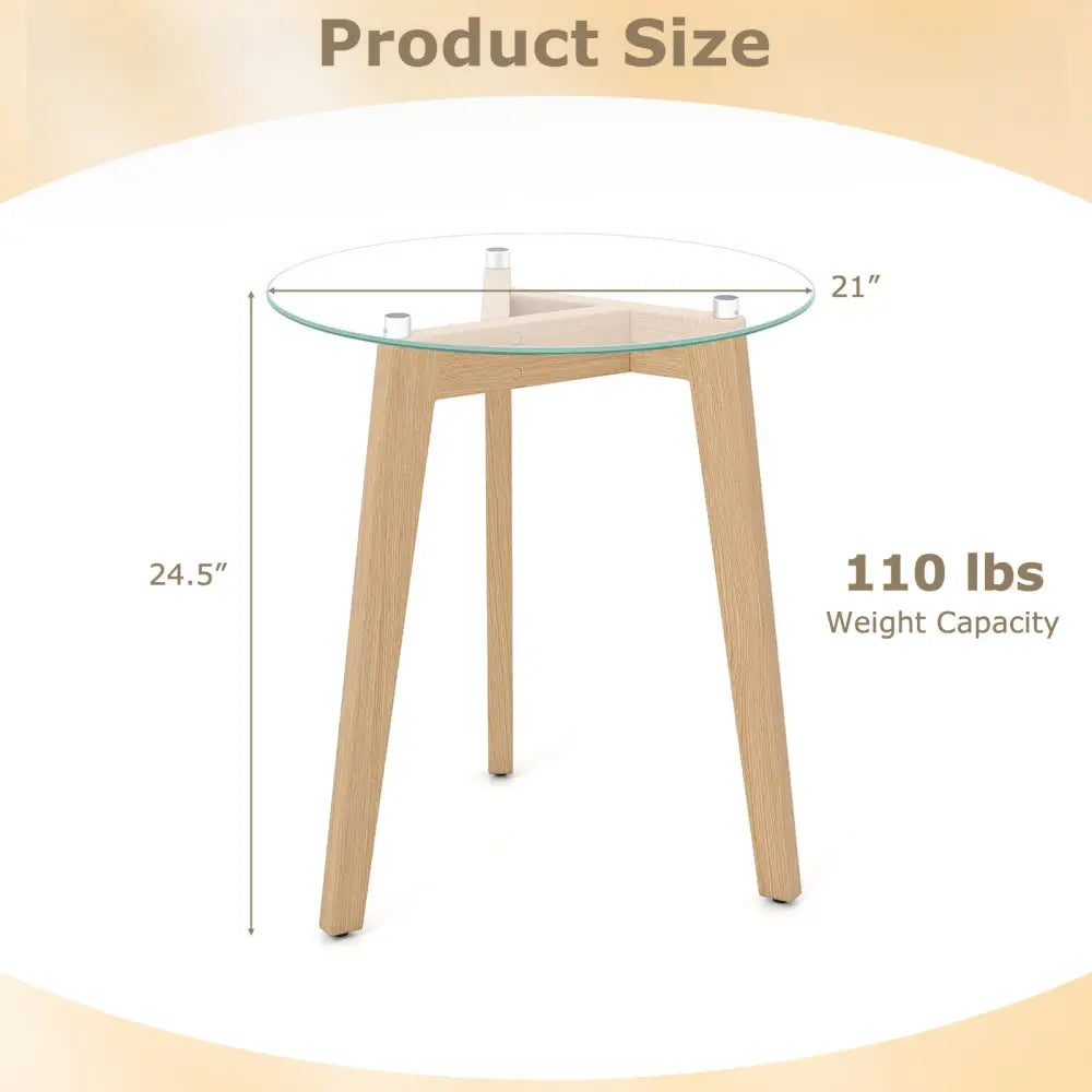 Tempered Glass End Table Round with Solid Rubber Wood Structure-1 Piece - Natural - End & Side Tables