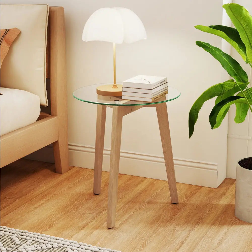 Tempered Glass End Table Round with Solid Rubber Wood Structure-1 Piece - Natural - End & Side Tables