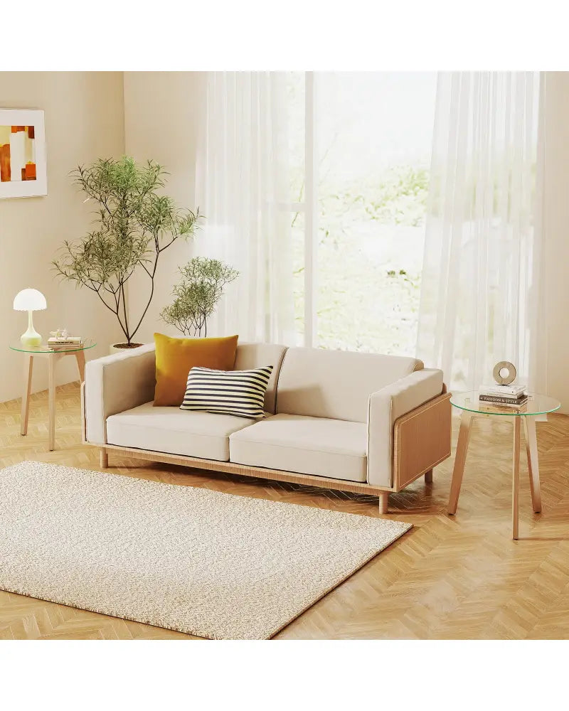 Tempered Glass End Table Round with Solid Rubber Wood Structure-1 Piece - Natural - End & Side Tables