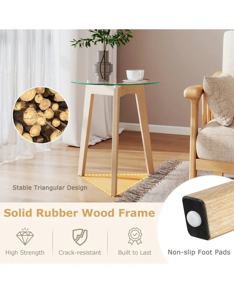 Tempered Glass End Table Round with Solid Rubber Wood Structure-1 Piece - Natural - End & Side Tables