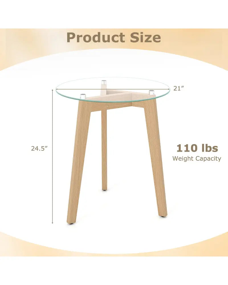 Tempered Glass End Table Round with Solid Rubber Wood Structure-1 Piece - Natural - End & Side Tables