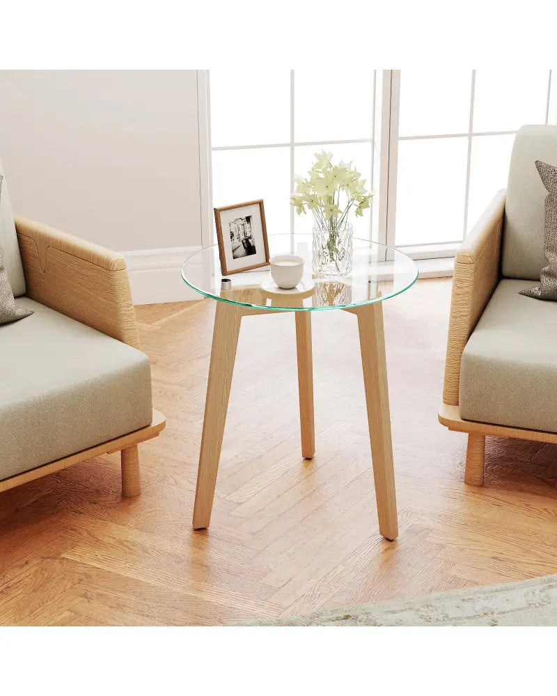 Tempered Glass End Table Round with Solid Rubber Wood Structure-1 Piece - Natural - End & Side Tables