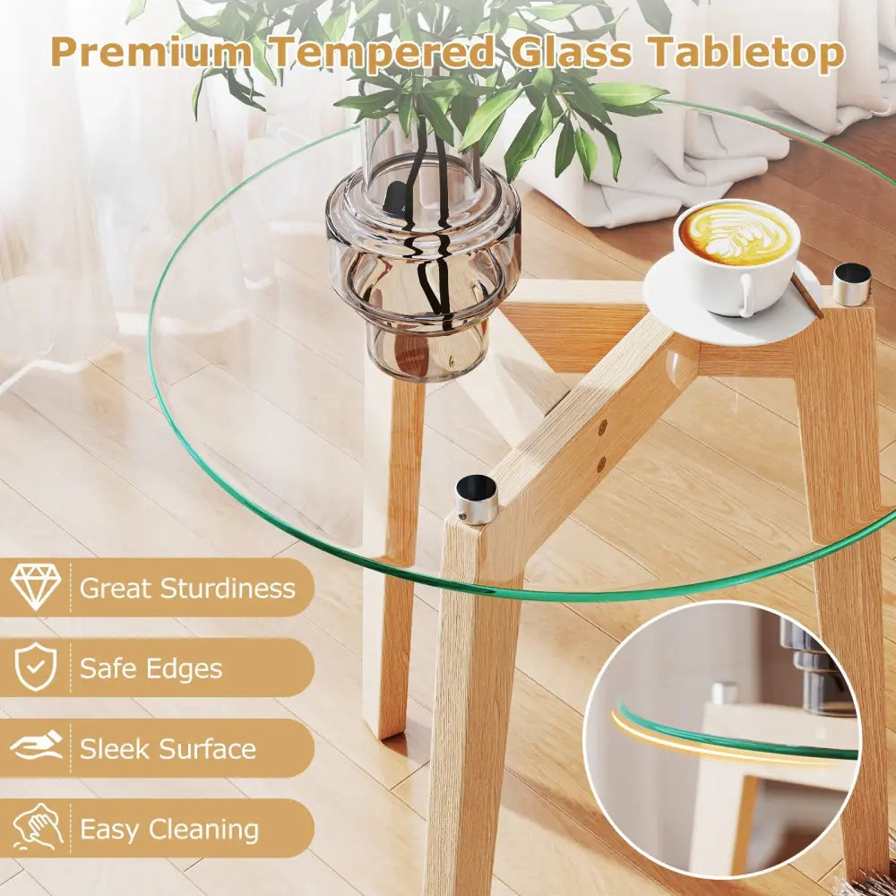 Tempered Glass End Table Round with Solid Rubber Wood Structure-1 Piece - Natural - End & Side Tables
