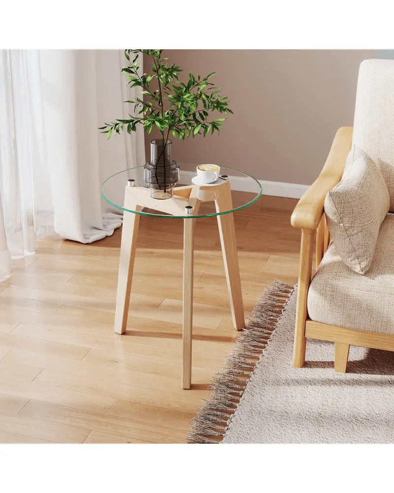 Tempered Glass End Table Round with Solid Rubber Wood Structure-1 Piece - Natural - End & Side Tables