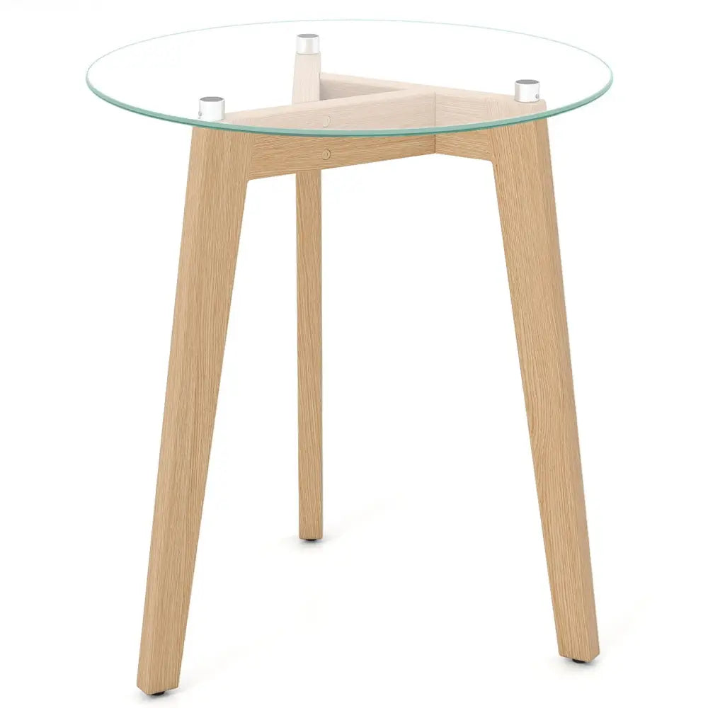 Tempered Glass End Table Round with Solid Rubber Wood Structure-1 Piece - Natural - End & Side Tables