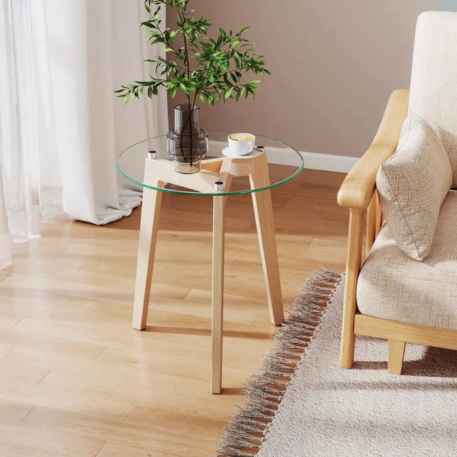 Tempered Glass End Table Round with Solid Rubber Wood Structure-1 Piece - Natural - End & Side Tables