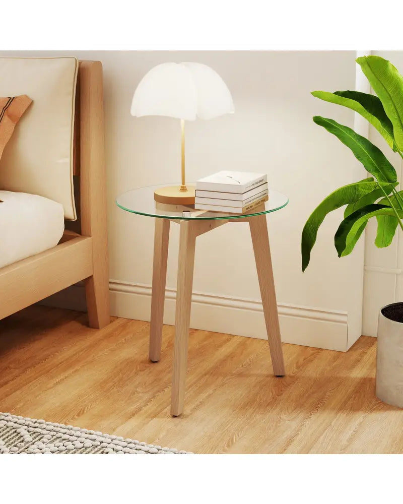 Tempered Glass End Table Round with Solid Rubber Wood Structure-1 Piece - Natural - End & Side Tables