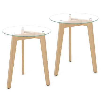 Tempered Glass End Table Round with Solid Rubber Wood Structure-Set of 2 - Natural - End & Side Tables