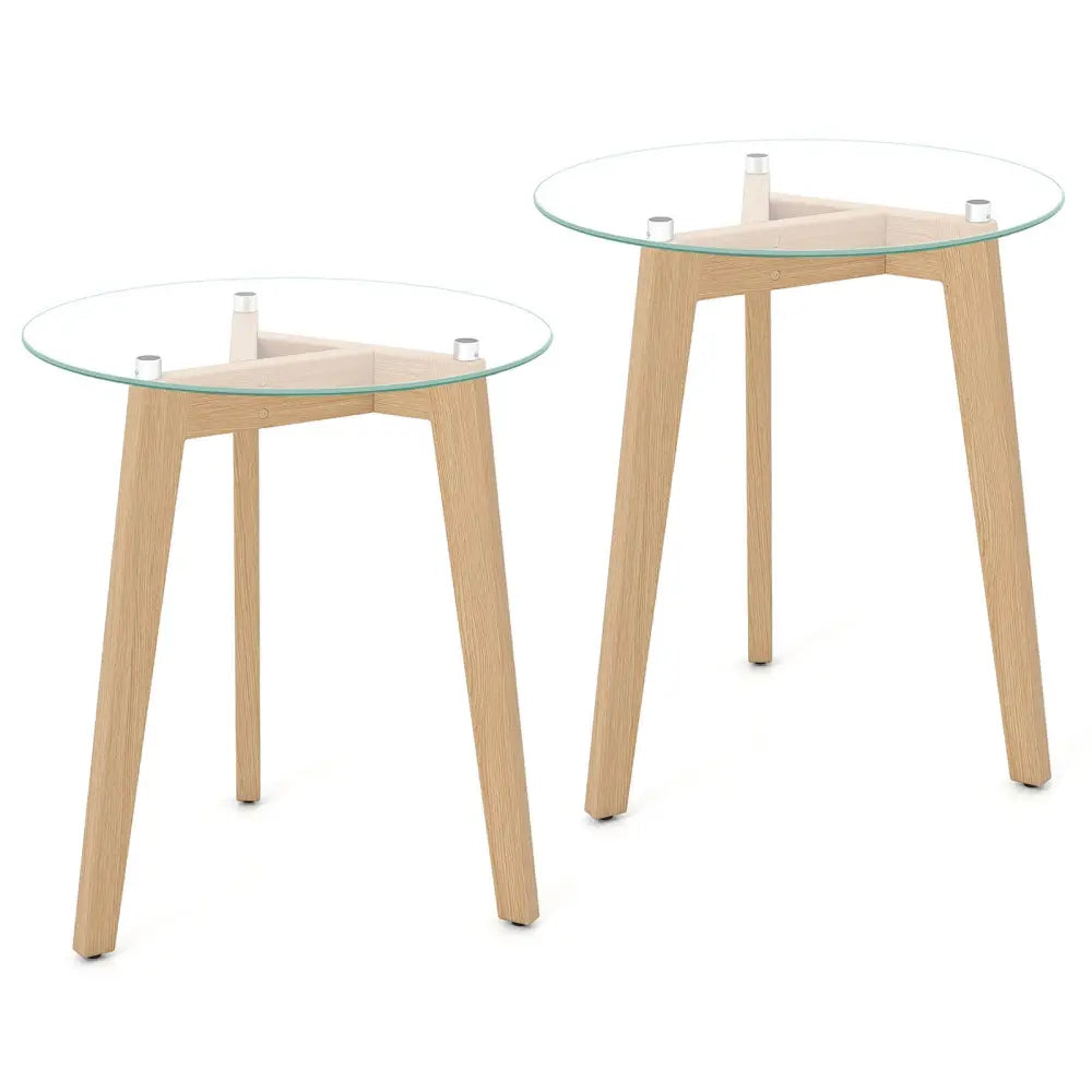 Tempered Glass End Table Round with Solid Rubber Wood Structure-Set of 2 - Natural - End & Side Tables