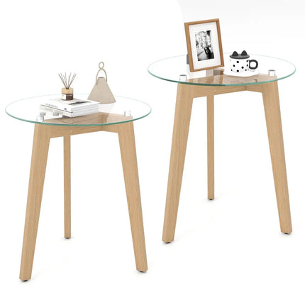 Tempered Glass End Table Round with Solid Rubber Wood Structure-Set of 2 - Natural - End & Side Tables