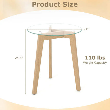 Tempered Glass End Table Round with Solid Rubber Wood Structure-Set of 2 - Natural - End & Side Tables