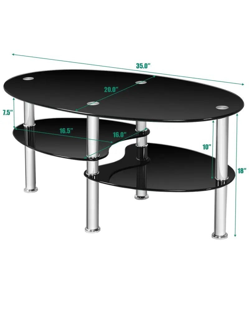 Tempered Glass Oval Side Coffee Table-Black - Black - Coffee Tables