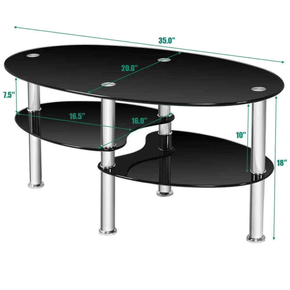 Tempered Glass Oval Side Coffee Table-Black - Black - Coffee Tables