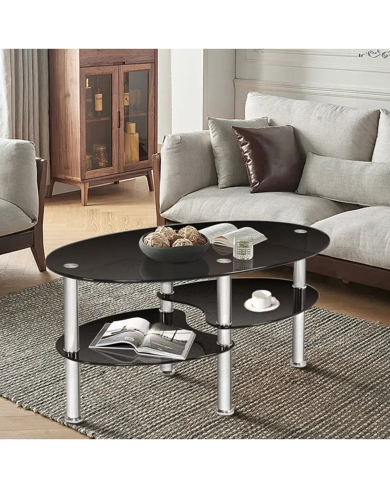 Tempered Glass Oval Side Coffee Table-Black - Black - Coffee Tables