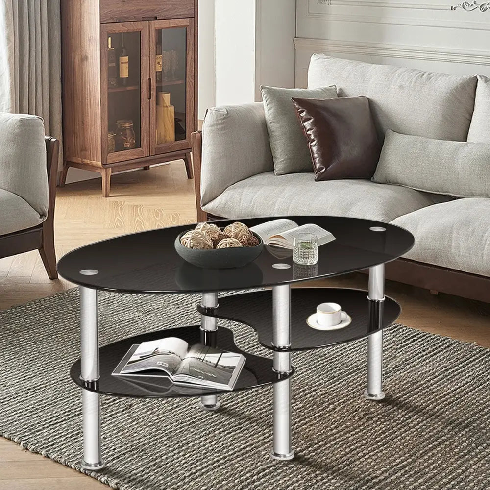 Tempered Glass Oval Side Coffee Table-Black - Black - Coffee Tables