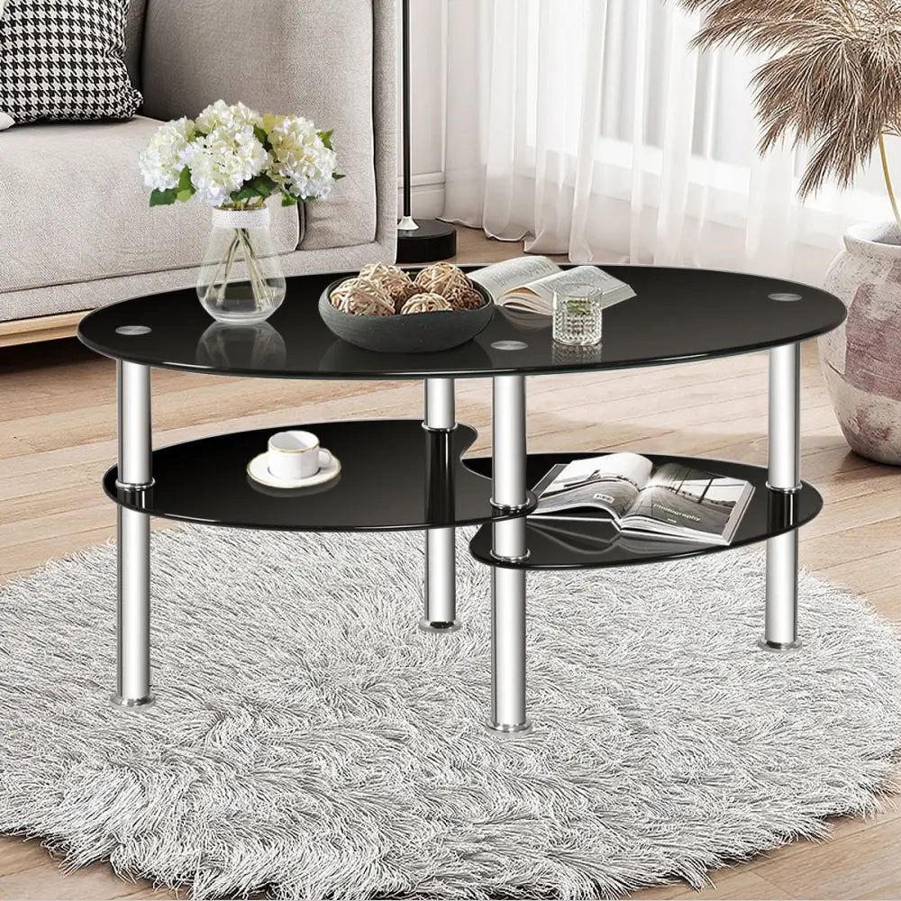 Tempered Glass Oval Side Coffee Table-Black - Black - Coffee Tables