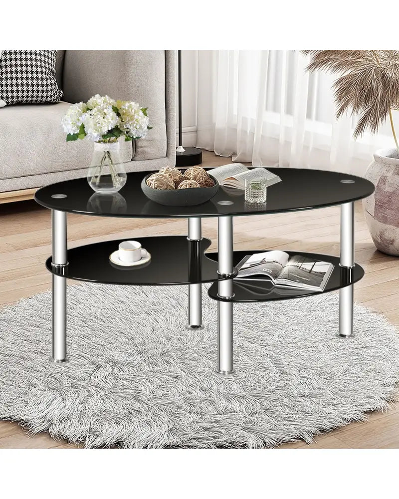 Tempered Glass Oval Side Coffee Table-Black - Black - Coffee Tables