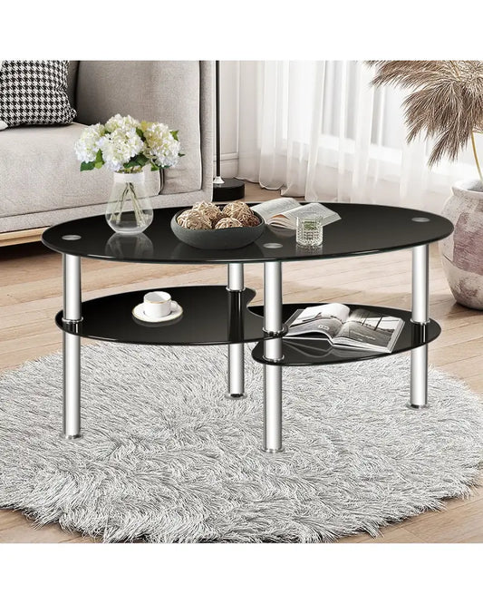 Tempered Glass Oval Side Coffee Table-Black - Black - Coffee Tables