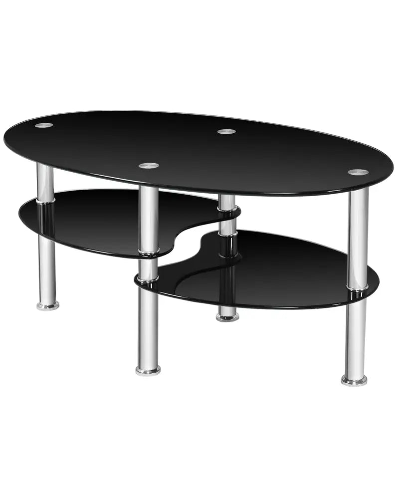 Tempered Glass Oval Side Coffee Table-Black - Black - Coffee Tables