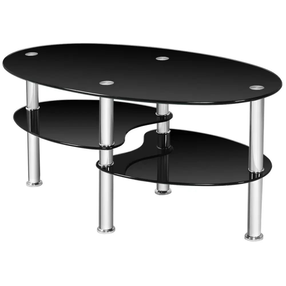 Tempered Glass Oval Side Coffee Table-Black - Black - Coffee Tables