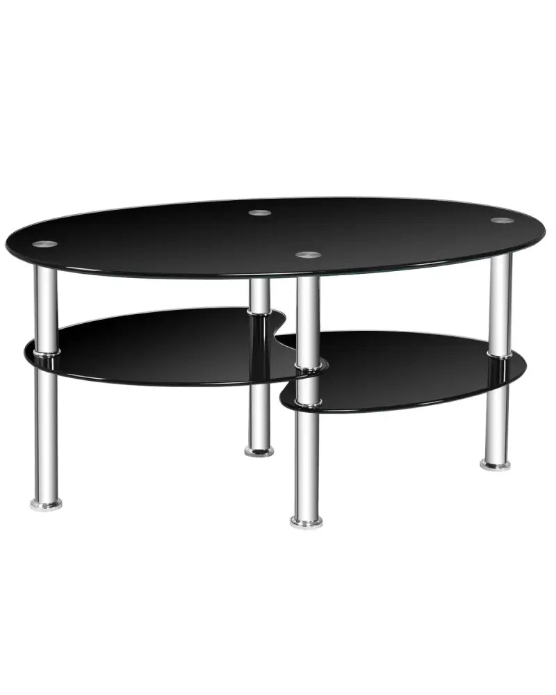 Tempered Glass Oval Side Coffee Table-Black - Black - Coffee Tables