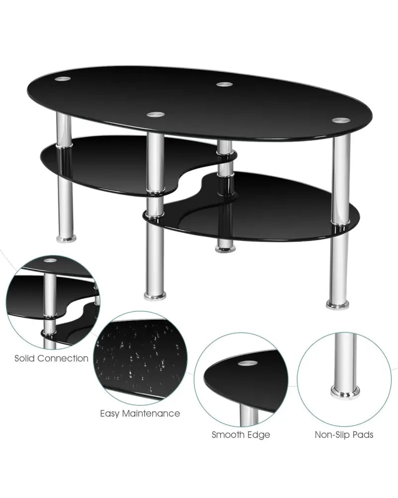 Tempered Glass Oval Side Coffee Table-Black - Black - Coffee Tables