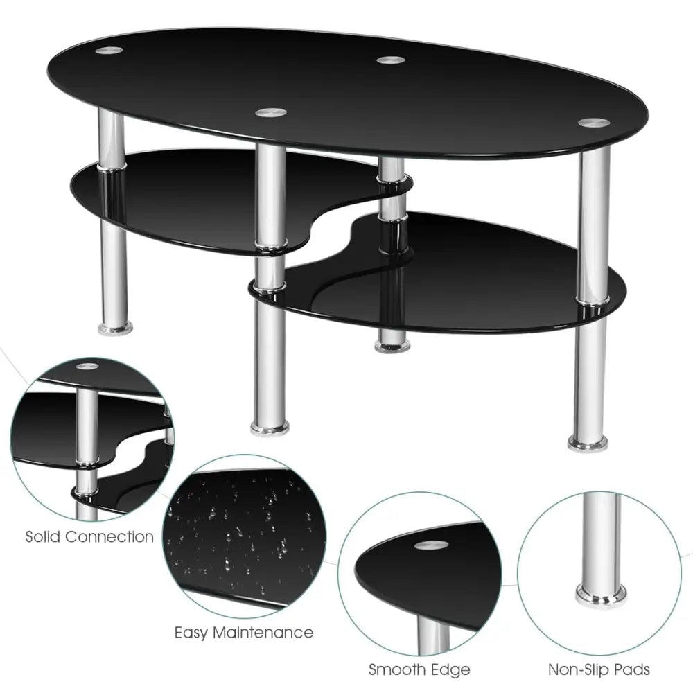 Tempered Glass Oval Side Coffee Table-Black - Black - Coffee Tables