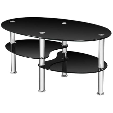 Tempered Glass Oval Side Coffee Table-Black - Black - Coffee Tables