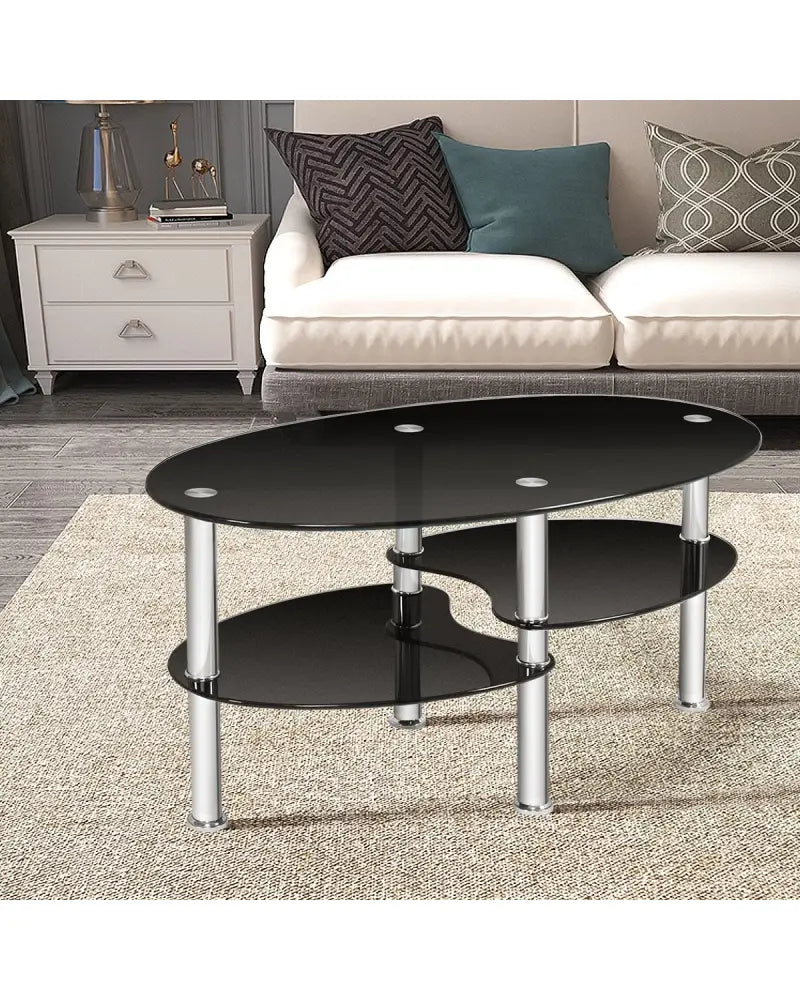 Tempered Glass Oval Side Coffee Table-Black - Black - Coffee Tables