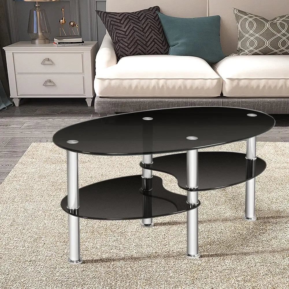 Tempered Glass Oval Side Coffee Table-Black - Black - Coffee Tables