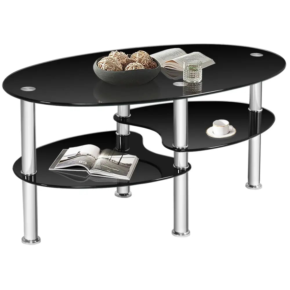 Tempered Glass Oval Side Coffee Table-Black - Black - Coffee Tables