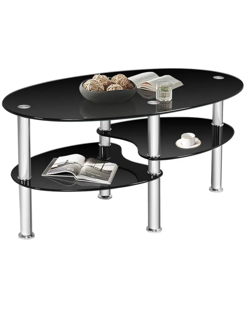 Tempered Glass Oval Side Coffee Table-Black - Black - Coffee Tables
