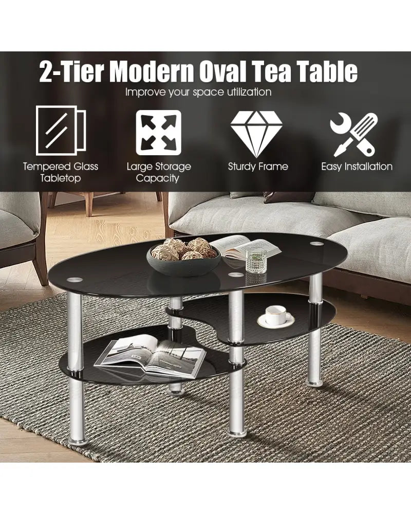 Tempered Glass Oval Side Coffee Table-Black - Black - Coffee Tables