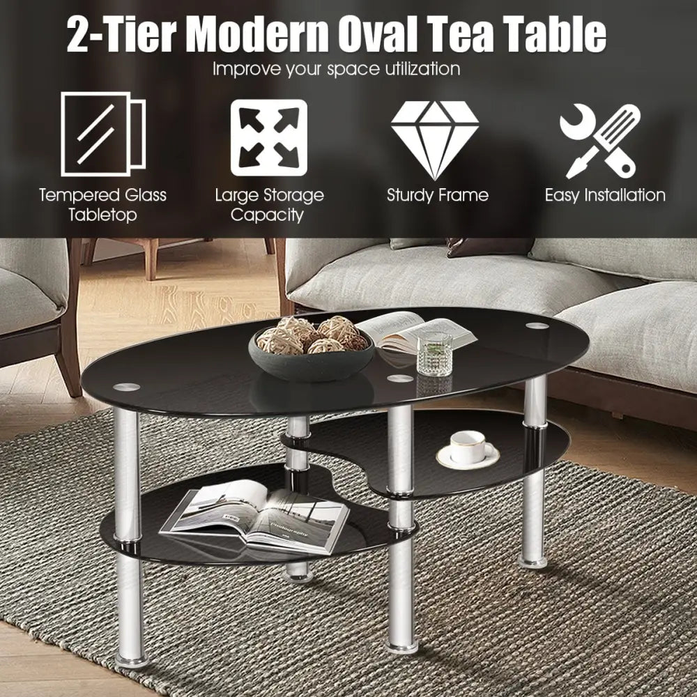 Tempered Glass Oval Side Coffee Table-Black - Black - Coffee Tables