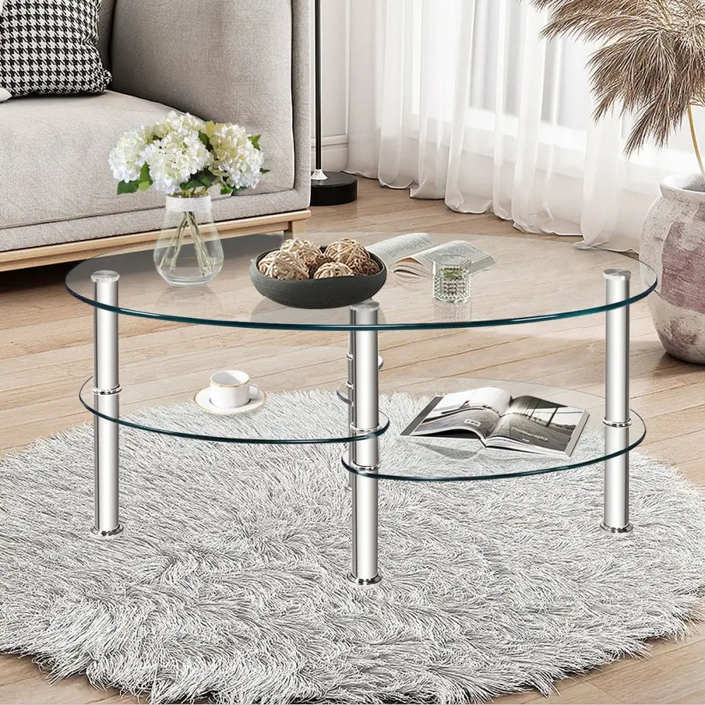 Tempered Glass Oval Side Coffee Table-Transparent - Transparent - Coffee Tables