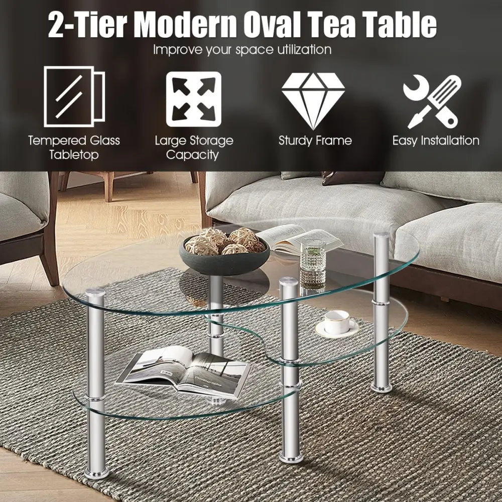 Tempered Glass Oval Side Coffee Table-Transparent - Transparent - Coffee Tables