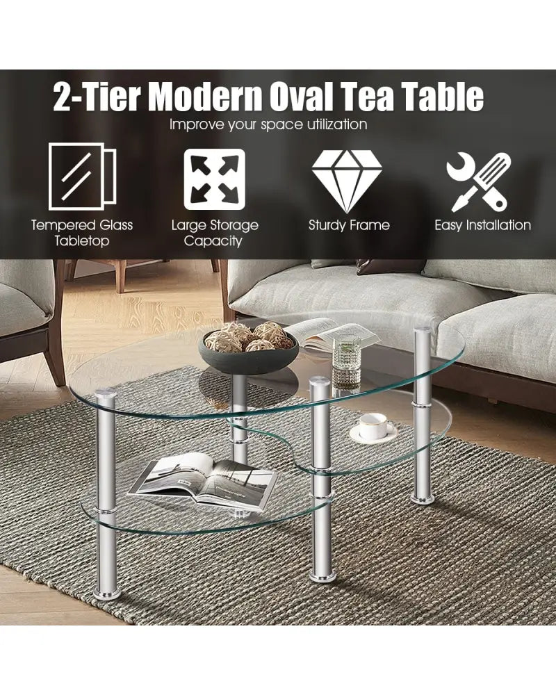 Tempered Glass Oval Side Coffee Table-Transparent - Transparent - Coffee Tables