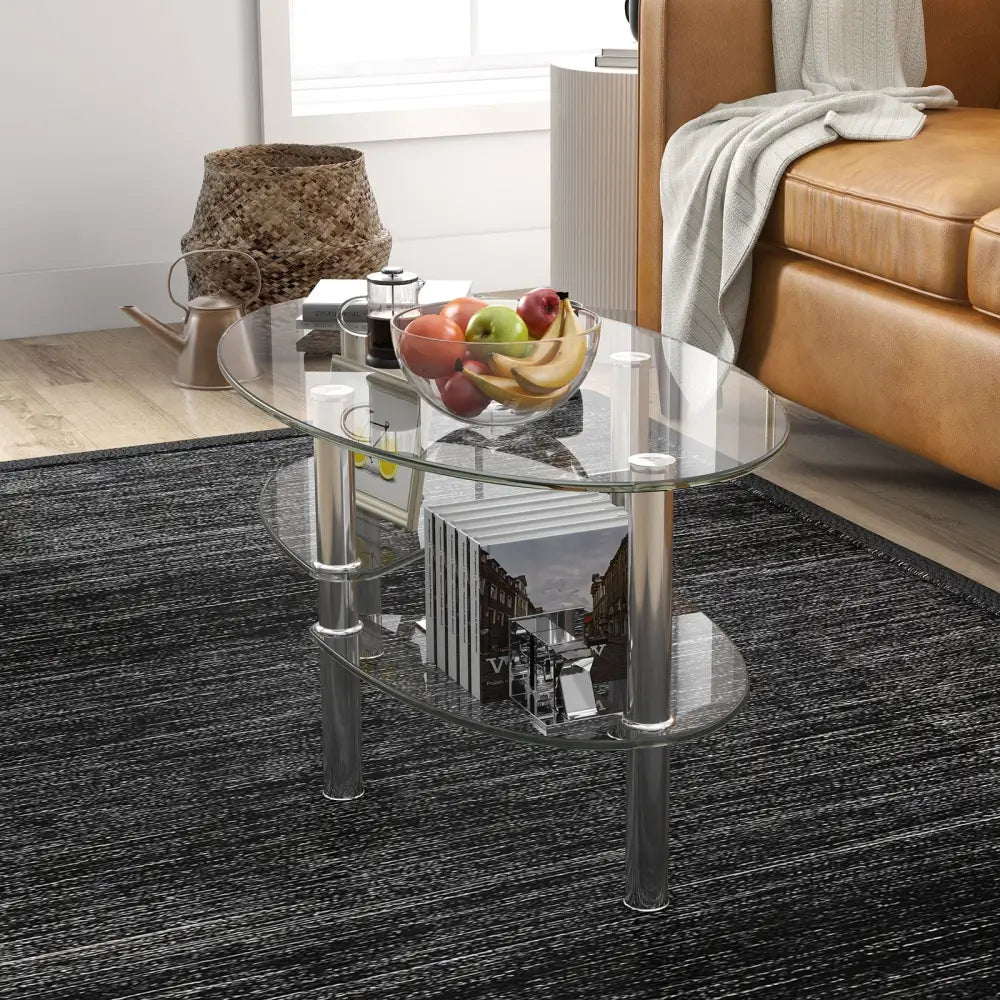 Tempered Glass Oval Side Coffee Table-Transparent - Transparent - Coffee Tables