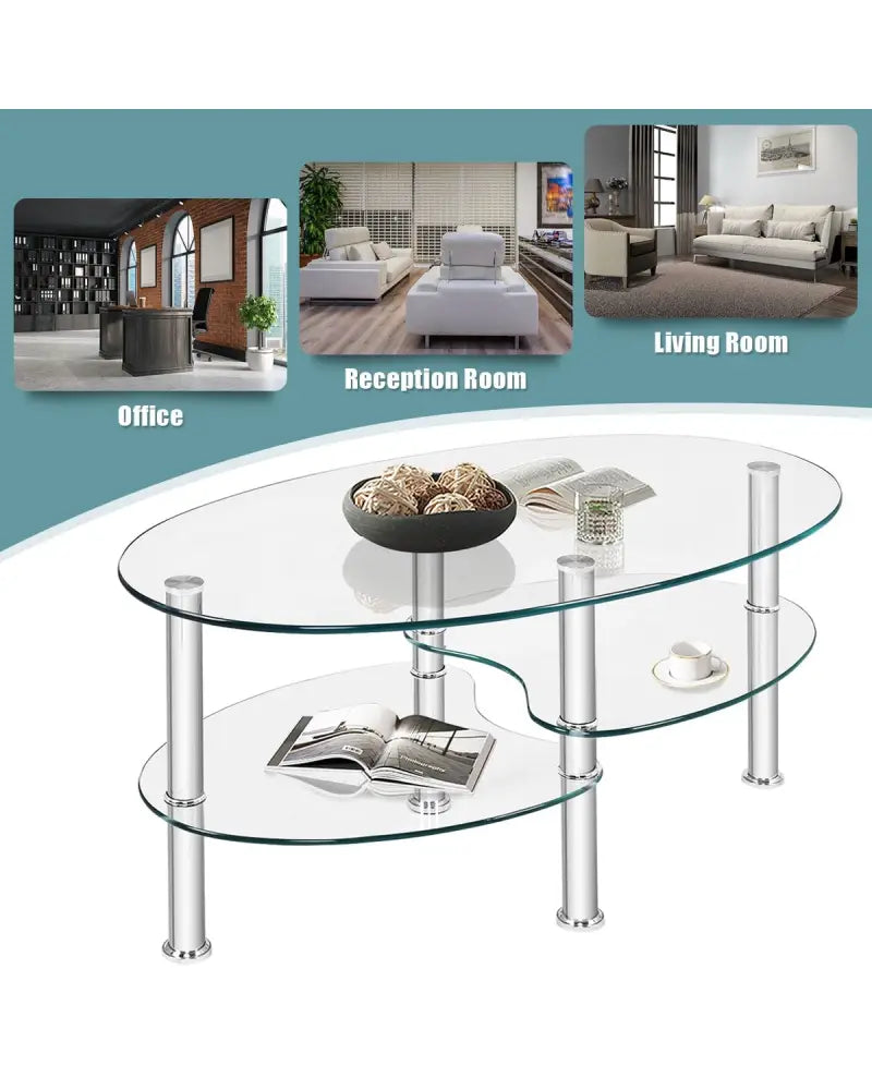 Tempered Glass Oval Side Coffee Table-Transparent - Transparent - Coffee Tables