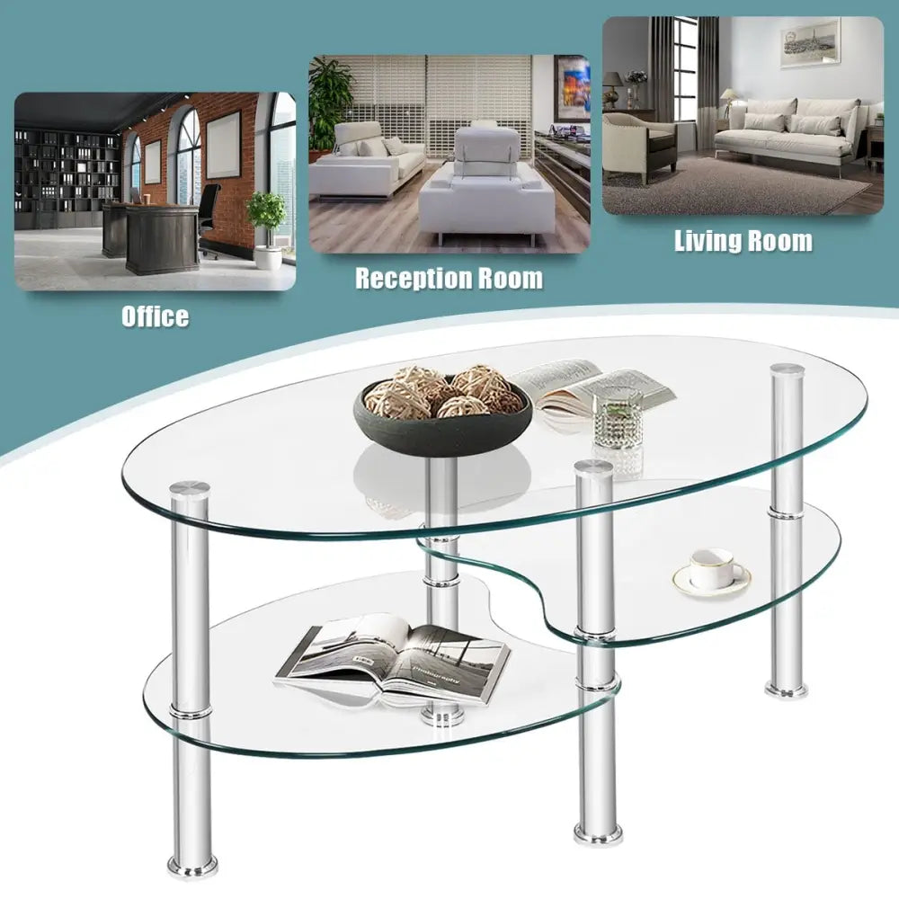Tempered Glass Oval Side Coffee Table-Transparent - Transparent - Coffee Tables