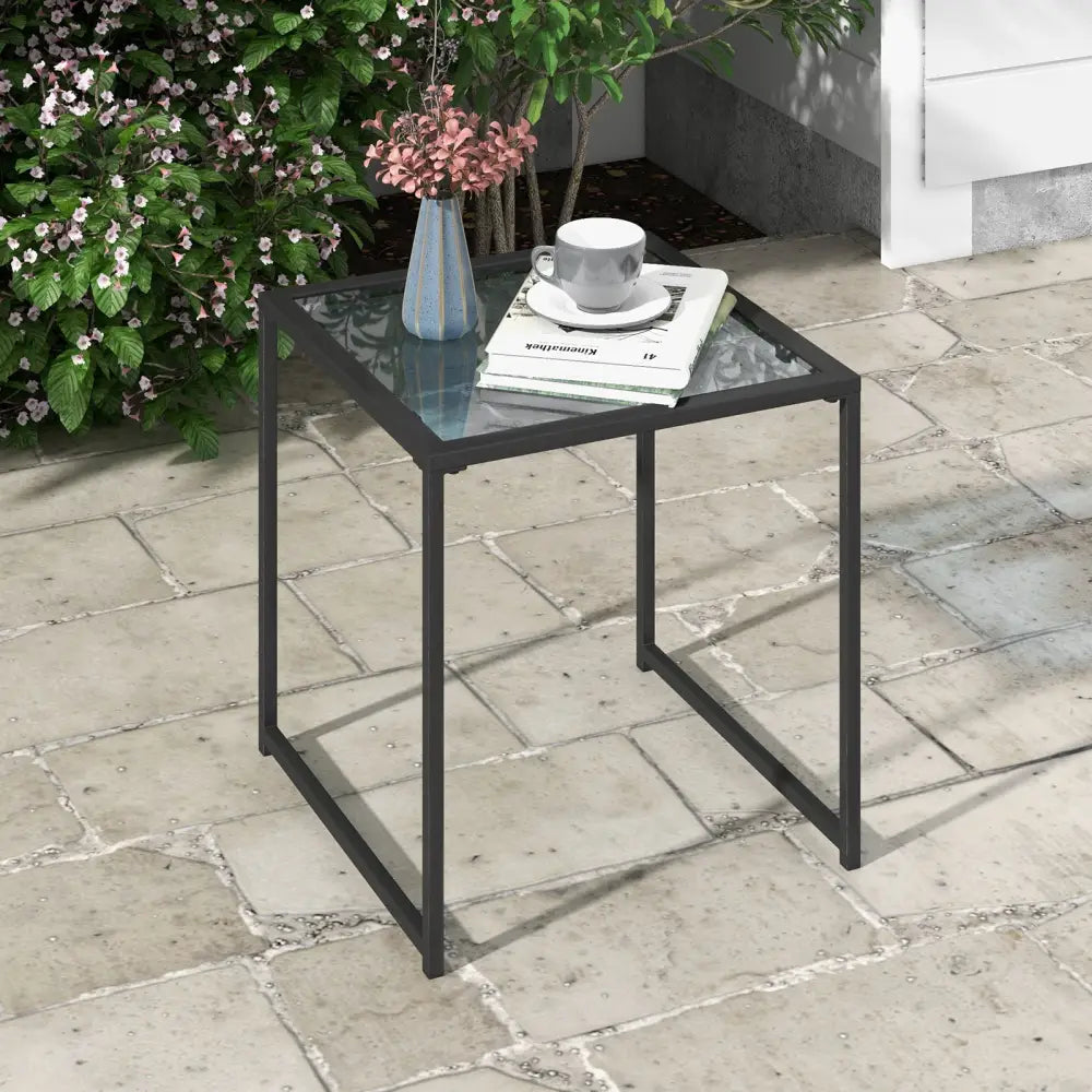 Tempered Glass Side Table with Metal Frame for Indoor and Outdoor - Black - End & Side Tables