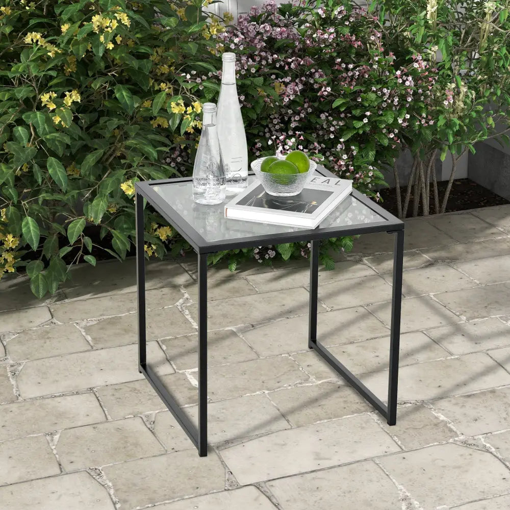 Tempered Glass Side Table with Metal Frame for Indoor and Outdoor - Black - End & Side Tables