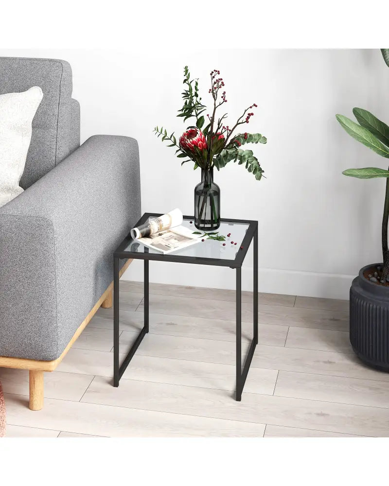 Tempered Glass Side Table with Metal Frame for Indoor and Outdoor - Black - End & Side Tables