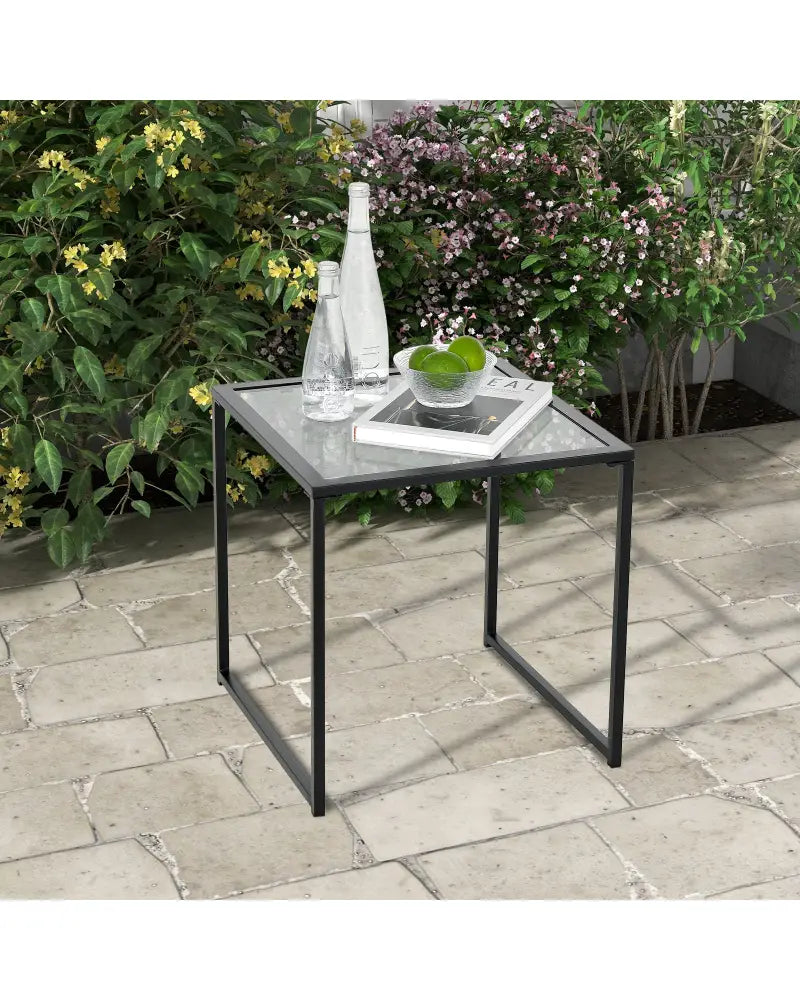 Tempered Glass Side Table with Metal Frame for Indoor and Outdoor - Black - End & Side Tables