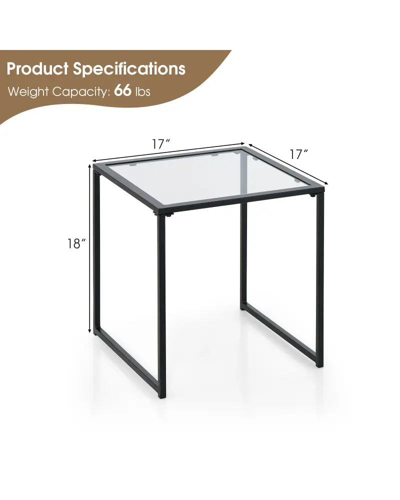 Tempered Glass Side Table with Metal Frame for Indoor and Outdoor - Black - End & Side Tables